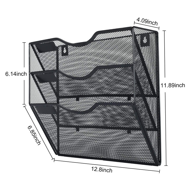 PAG Hanging Wall File Holder Mail Organizer Wall Mount Document Letter Rack, 3-Tier, Black - Image 3